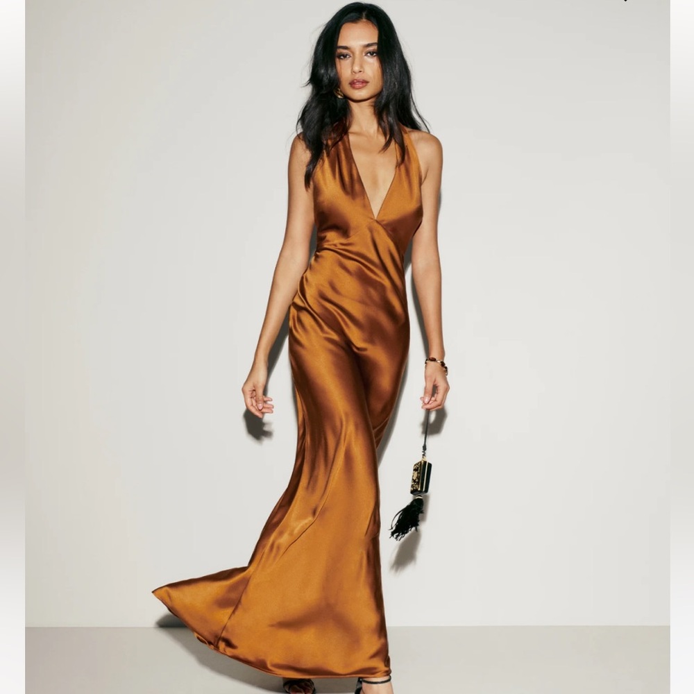 NWOT NEW Reformation Daniela Silk Maxi Deep V Dress - Copper